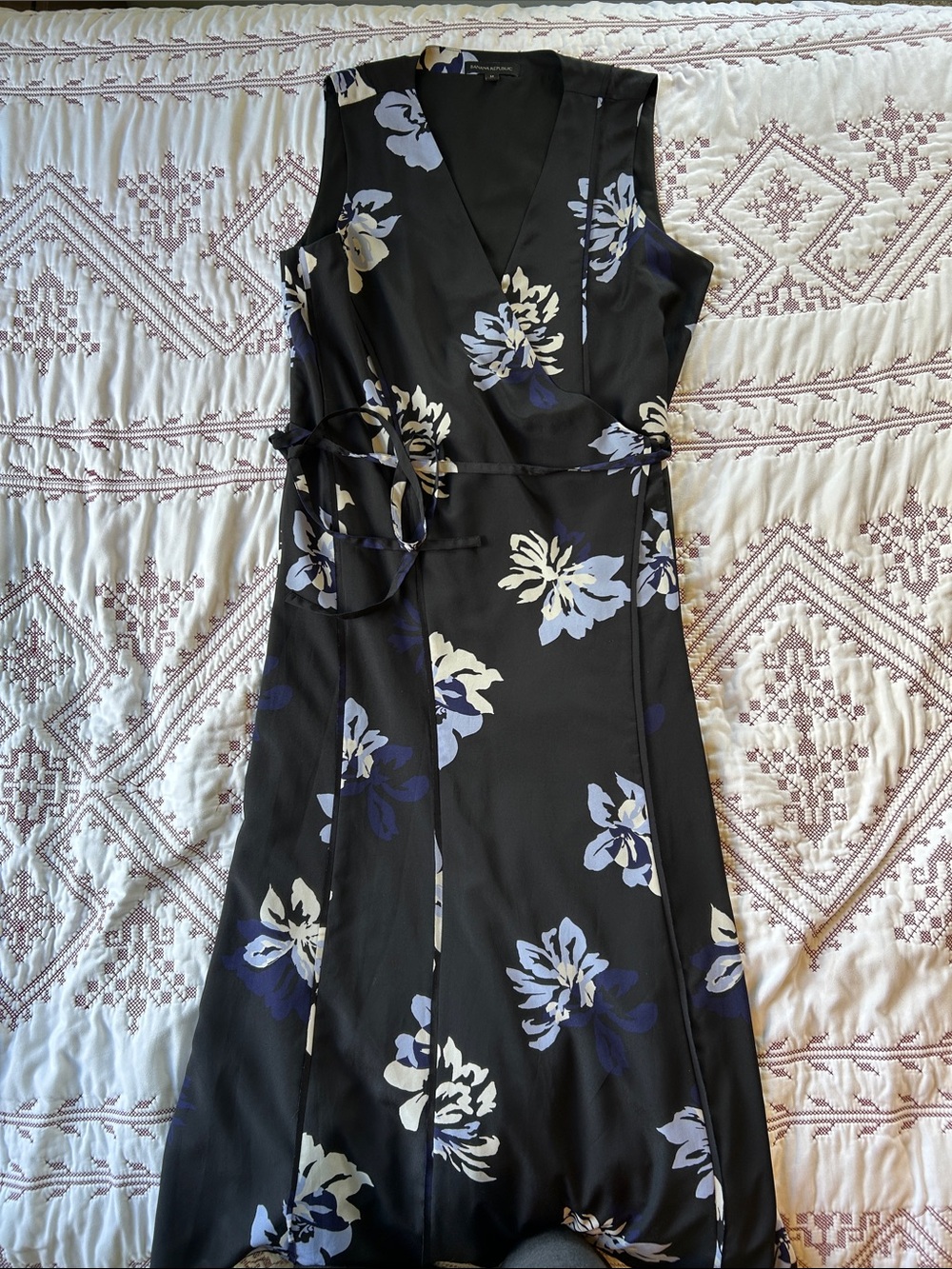 Banana Republic Black Sleeveless Floral Wrap Midi Dress with Blue & White Blooms